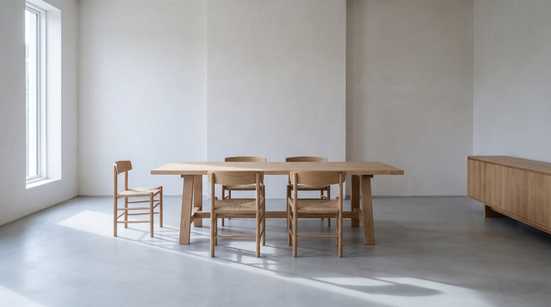 Salle à manger presque vide : grande table de chêne sur piètement en tréteau, quatre chaises à assise tressée, buffet bas le long du mur